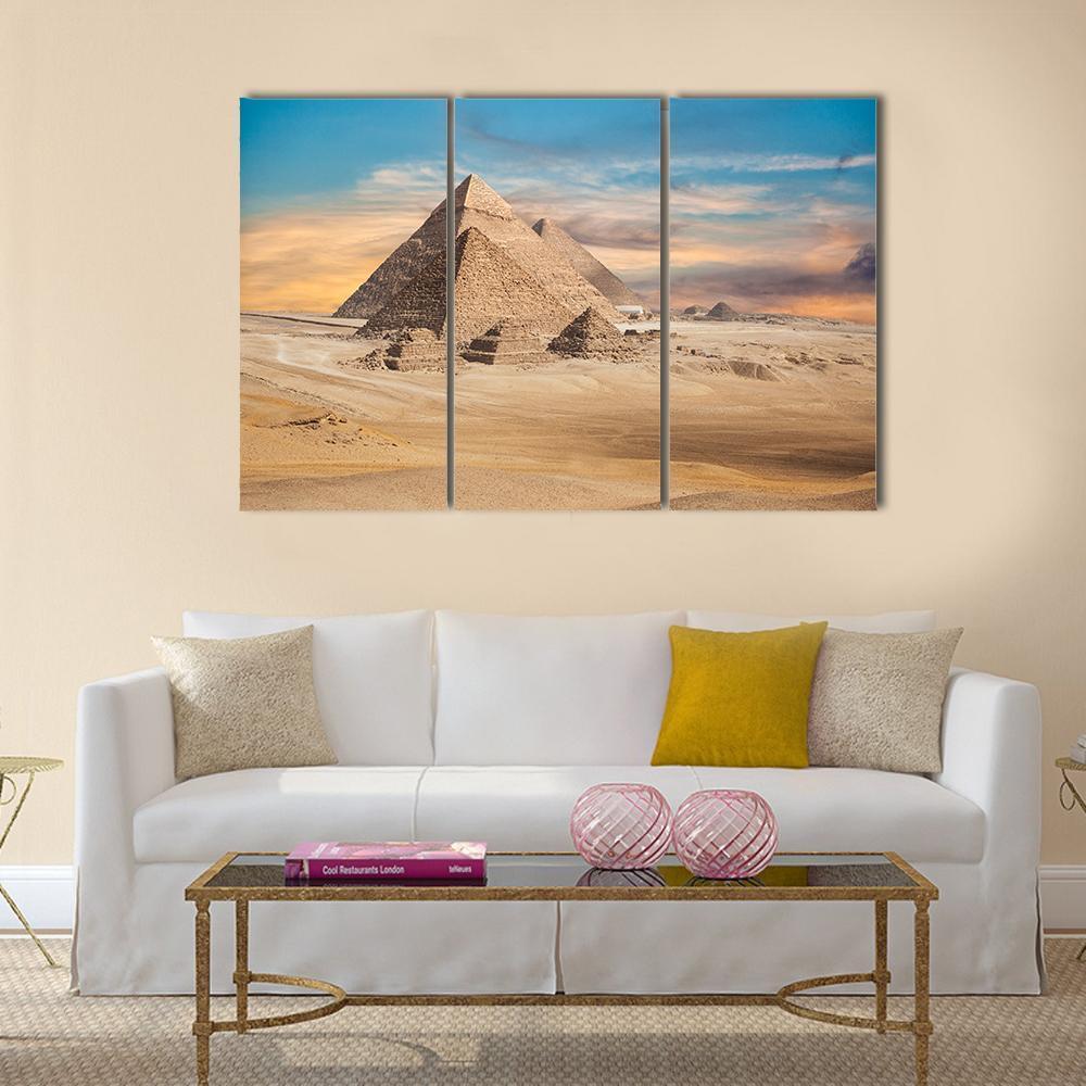 Pyramids In Cairo Canvas Wall Art-3 Horizontal-Gallery Wrap-37" x 24"-Tiaracle