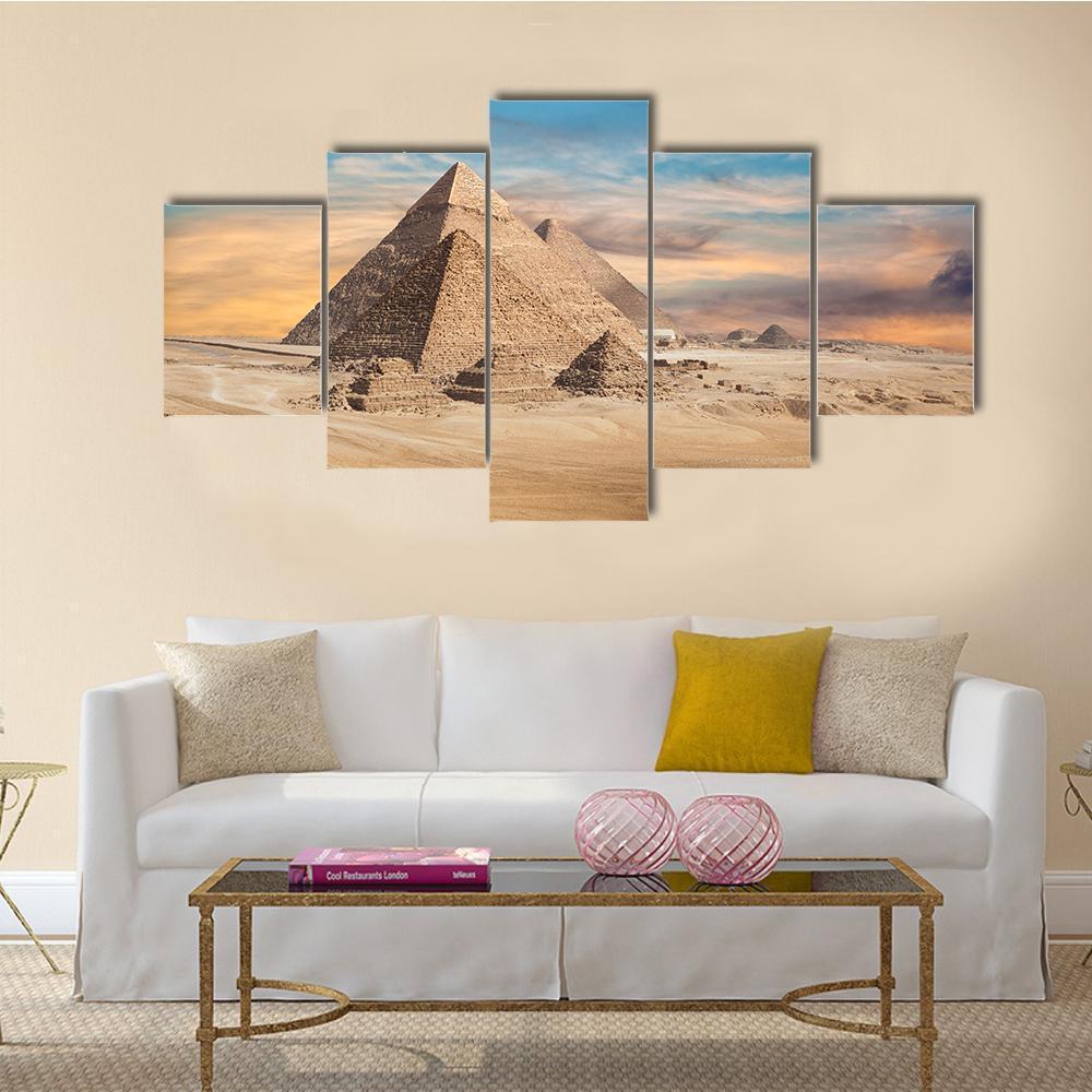 Pyramids In Cairo Canvas Wall Art-5 Star-Gallery Wrap-62" x 32"-Tiaracle