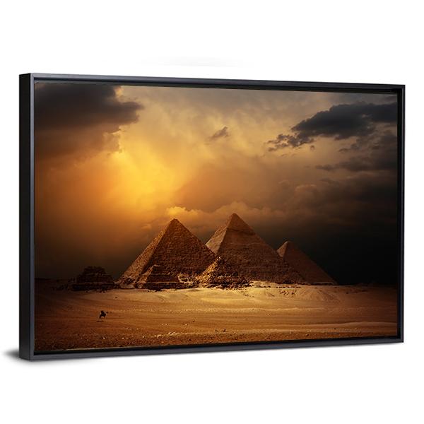 Pyramids In Giza Valley Under Dark Clouds Canvas Wall Art-3 Horizontal-Gallery Wrap-25" x 16"-Tiaracle