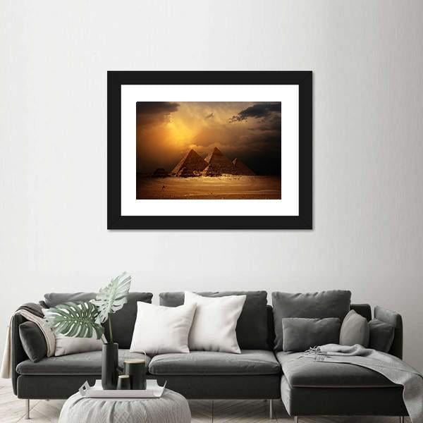Pyramids In Giza Valley Under Dark Clouds Canvas Wall Art-3 Horizontal-Gallery Wrap-25" x 16"-Tiaracle