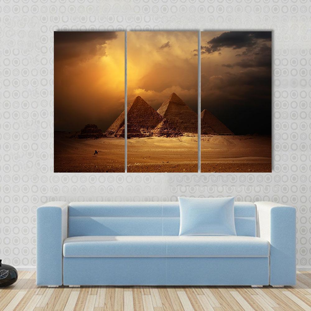 Pyramids In Giza Valley Under Dark Clouds Canvas Wall Art-3 Horizontal-Gallery Wrap-37&quot; x 24&quot;-Tiaracle