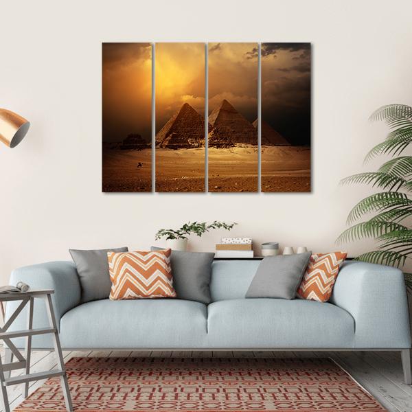 Pyramids In Giza Valley Under Dark Clouds Canvas Wall Art-4 Horizontal-Gallery Wrap-34" x 24"-Tiaracle