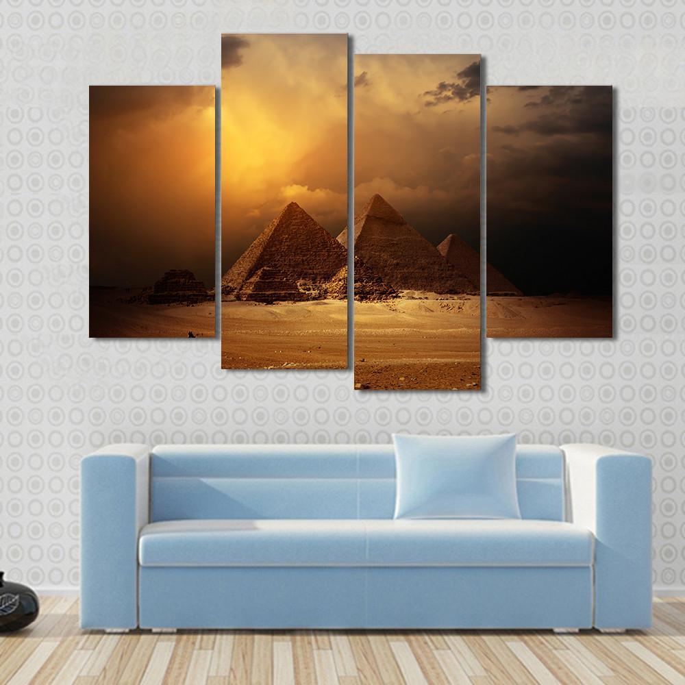 Pyramids In Giza Valley Under Dark Clouds Canvas Wall Art-4 Pop-Gallery Wrap-50" x 32"-Tiaracle