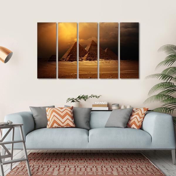 Pyramids In Giza Valley Under Dark Clouds Canvas Wall Art-5 Horizontal-Gallery Wrap-22" x 12"-Tiaracle