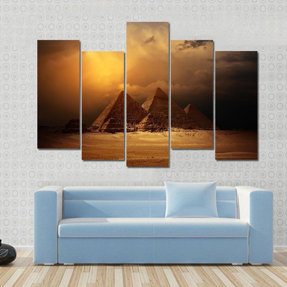Pyramids In Giza Valley Under Dark Clouds Canvas Wall Art-5 Pop-Gallery Wrap-47&quot; x 32&quot;-Tiaracle