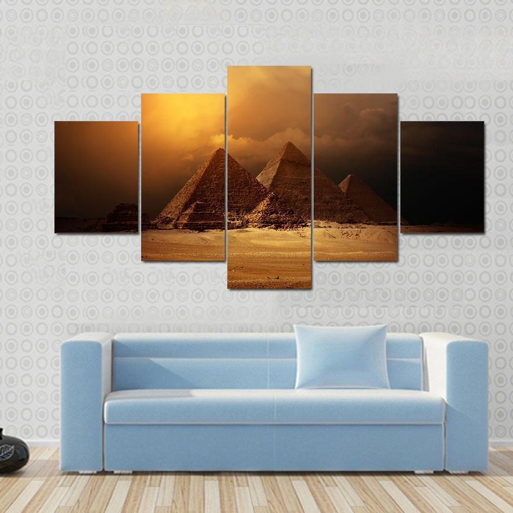 Pyramids In Giza Valley Under Dark Clouds Canvas Wall Art-5 Star-Gallery Wrap-62" x 32"-Tiaracle