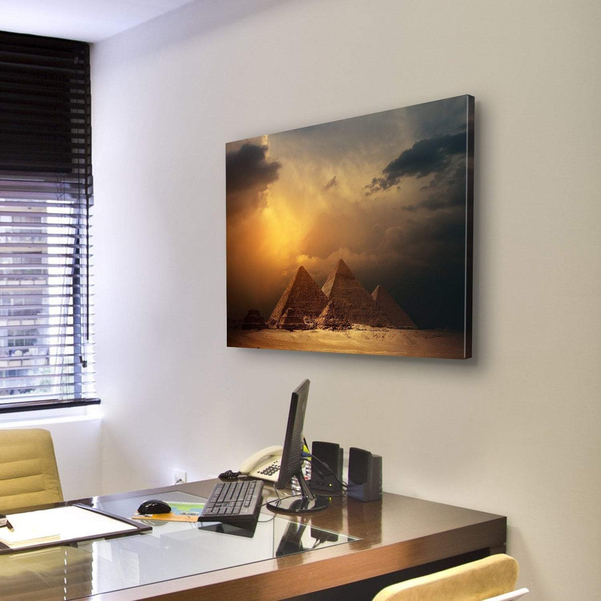 Pyramids In Giza Valley Under Dark Clouds Canvas Wall Art-3 Horizontal-Gallery Wrap-25&quot; x 16&quot;-Tiaracle