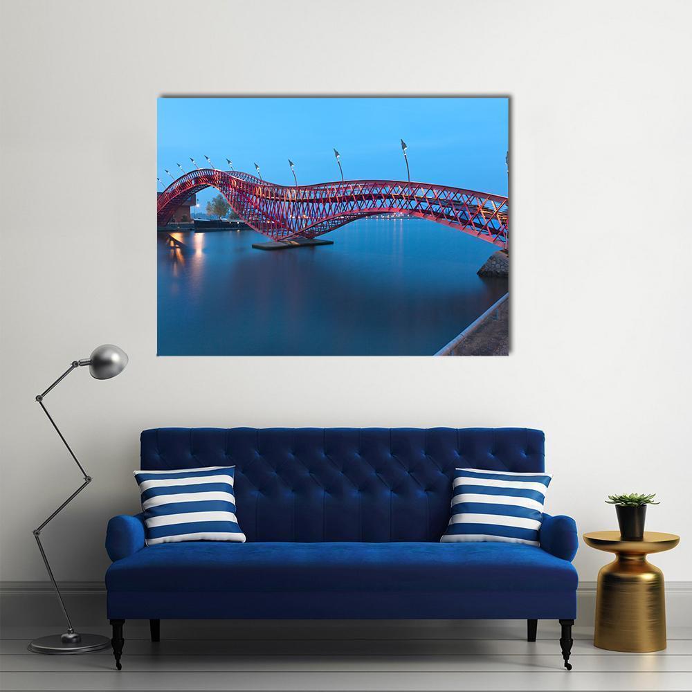 Python Bridge in Amsterdam Canvas Wall Art in red and blue, single panel hung on a wall