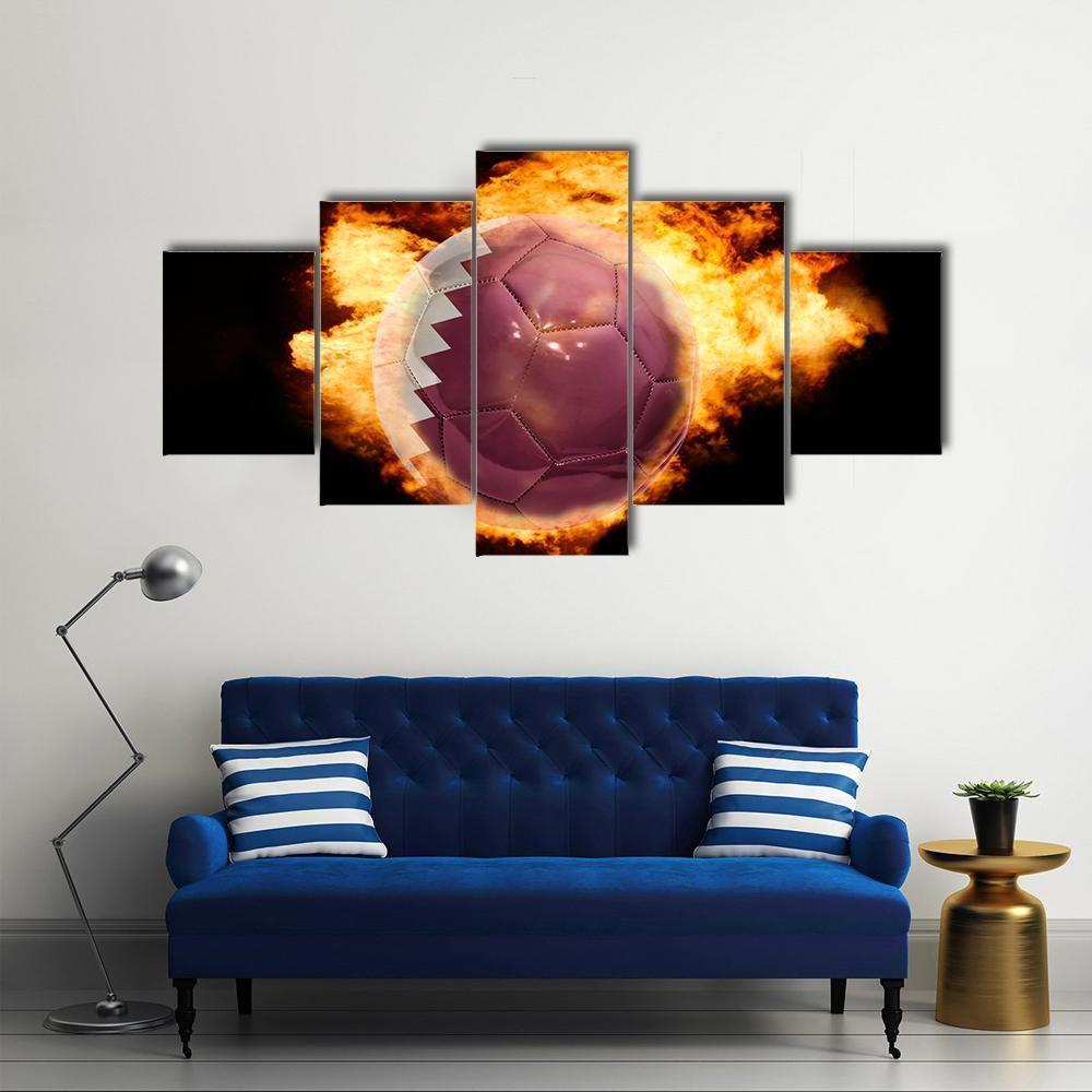 Qatar Flag On Soccer Canvas Wall Art-5 Star-Gallery Wrap-62&quot; x 32&quot;-Tiaracle
