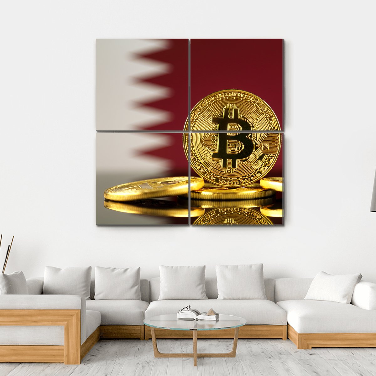 Qatar Flag With Bitcoins Canvas Wall Art-4 Square-Gallery Wrap-17" x 17"-Tiaracle