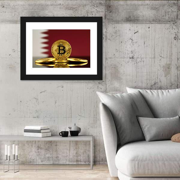 Qatar Flag With Bitcoins Canvas Wall Art-3 Horizontal-Gallery Wrap-25" x 16"-Tiaracle