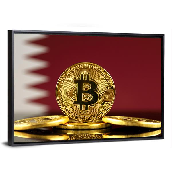Qatar Flag With Bitcoins Canvas Wall Art-3 Horizontal-Gallery Wrap-25" x 16"-Tiaracle