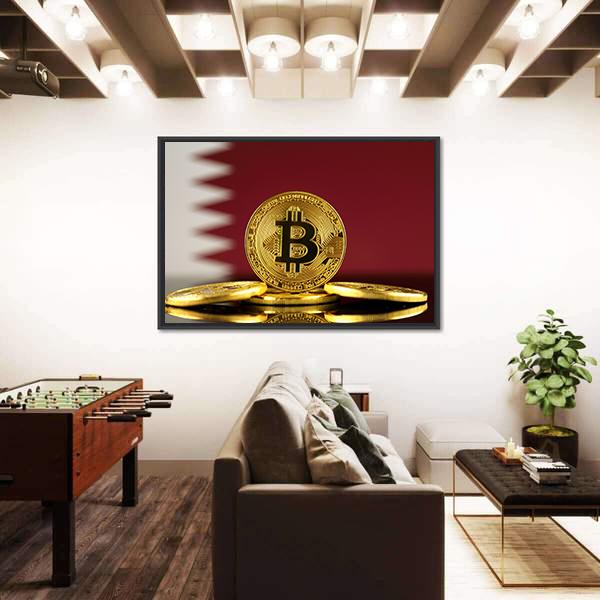 Qatar Flag With Bitcoins Canvas Wall Art-3 Horizontal-Gallery Wrap-25" x 16"-Tiaracle