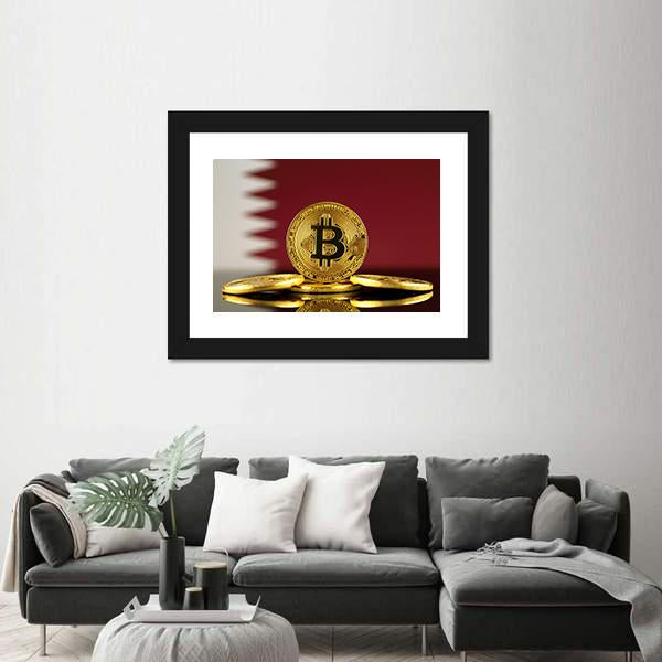 Qatar Flag With Bitcoins Canvas Wall Art-3 Horizontal-Gallery Wrap-25" x 16"-Tiaracle