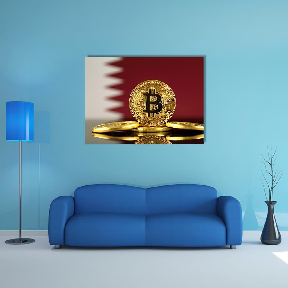 Qatar Flag with Gold Bitcoin Coins Canvas Wall Art in white, gold and red, single panel hung on a wall