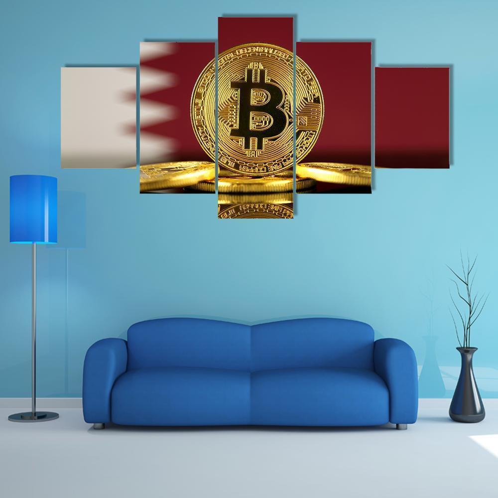 Qatar Flag With Bitcoins Canvas Wall Art-5 Star-Gallery Wrap-62" x 32"-Tiaracle