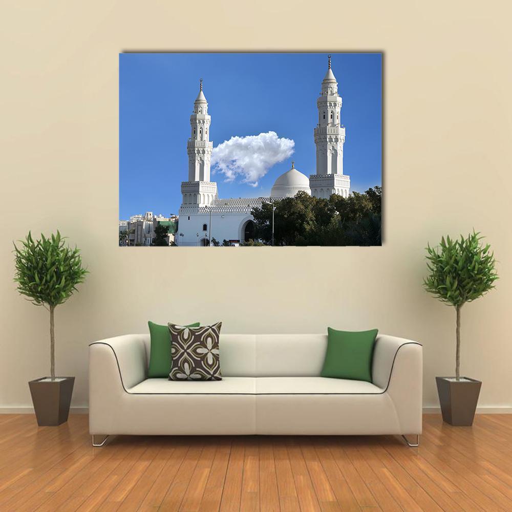 Qiblatain Mosque in Medinah Canvas Wall Art in white and blue, single panel hung on a wall
