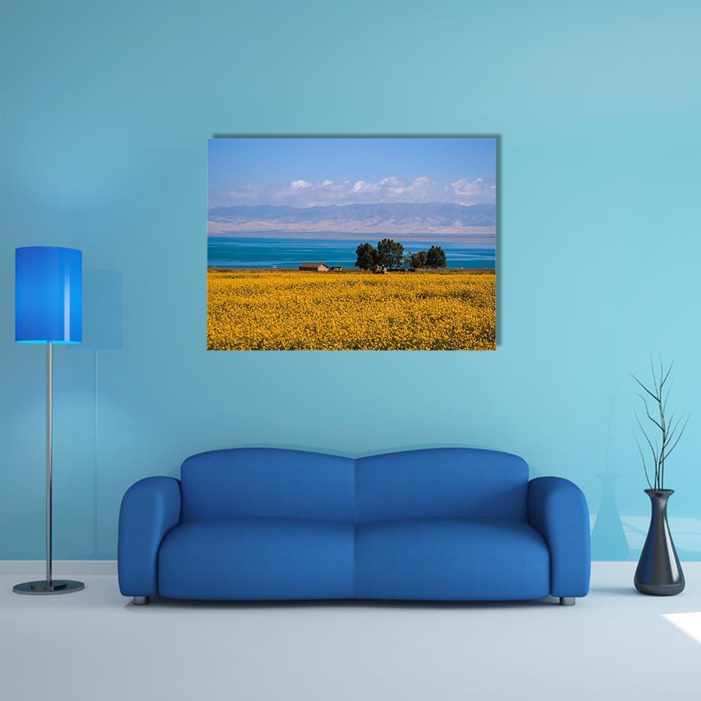 Qinghai Flower Fields and Mountain Lake Canvas Wall Art in yellow and blue, single panel hung on a wall