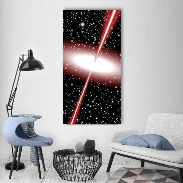 Red Quasar Vector Vertical Canvas Wall Art in black, white and red, single vertical panel hung on a wall