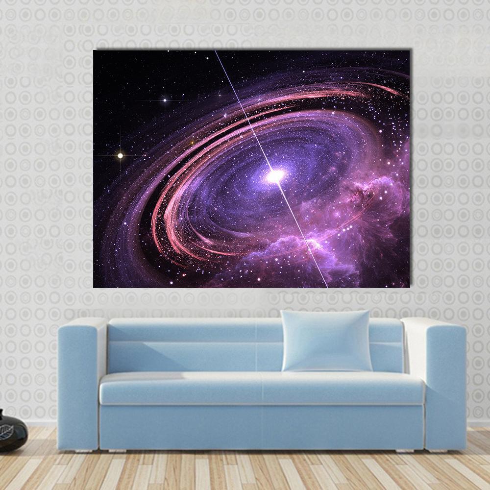 Quasar Surrounded by an Orbiting Accretion Disk of Gas Canvas Wall Art in black, purple and pink, single panel hung on a wall