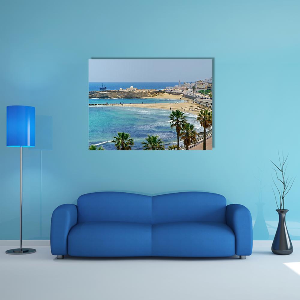 Quay in Monastir Canvas Wall Art in white, beige and blue, single panel hung on a wall