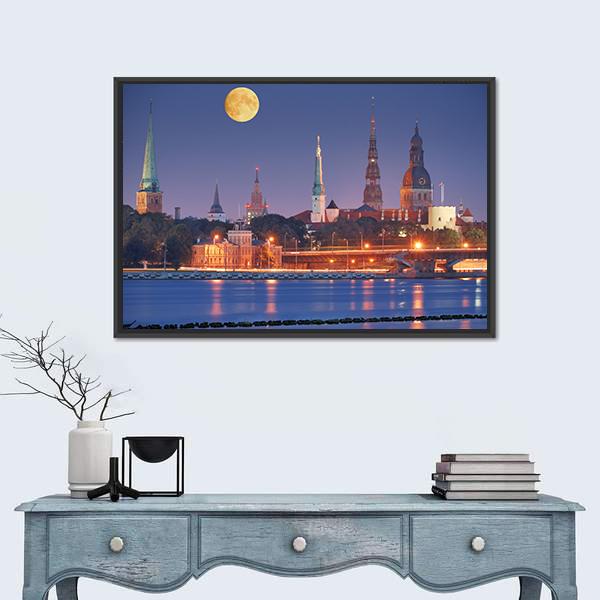 Quay Of Daugava River In Riga Canvas Wall Art-1 Piece-Floating Frame-24" x 16"-Tiaracle