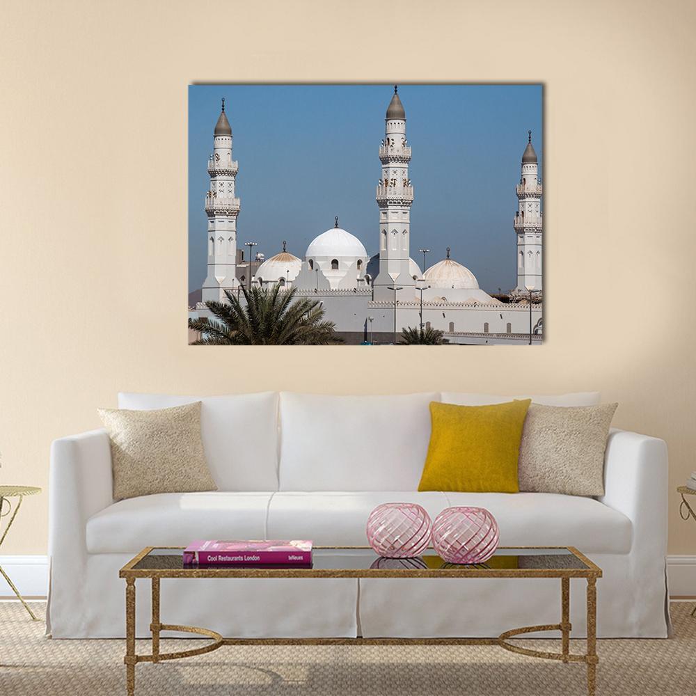 Quba Mosque in Al Medina Canvas Wall Art in white, gray and blue, single panel hung on a wall