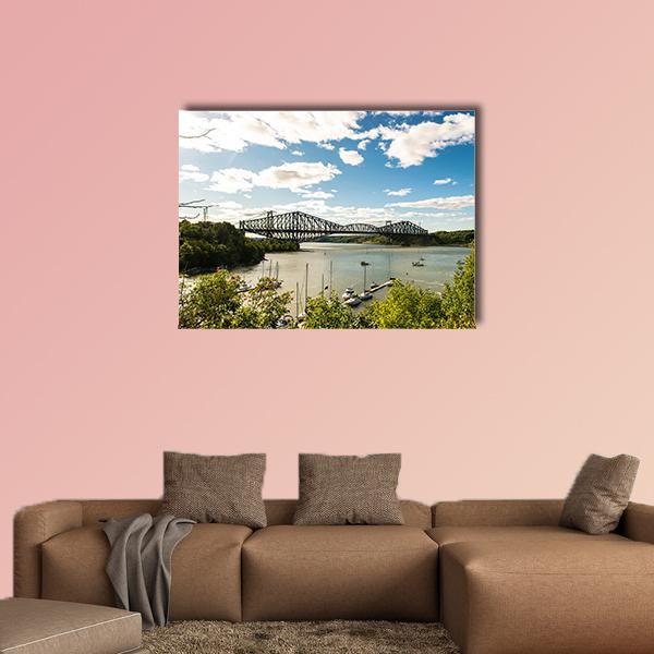 Metal Truss Bridge with Sailboats Canvas Wall Art in white, green and blue, single panel hung on a wall