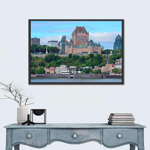 Quebec City Skyline Over River Canvas Wall Art-1 Piece-Floating Frame-24" x 16"-Tiaracle