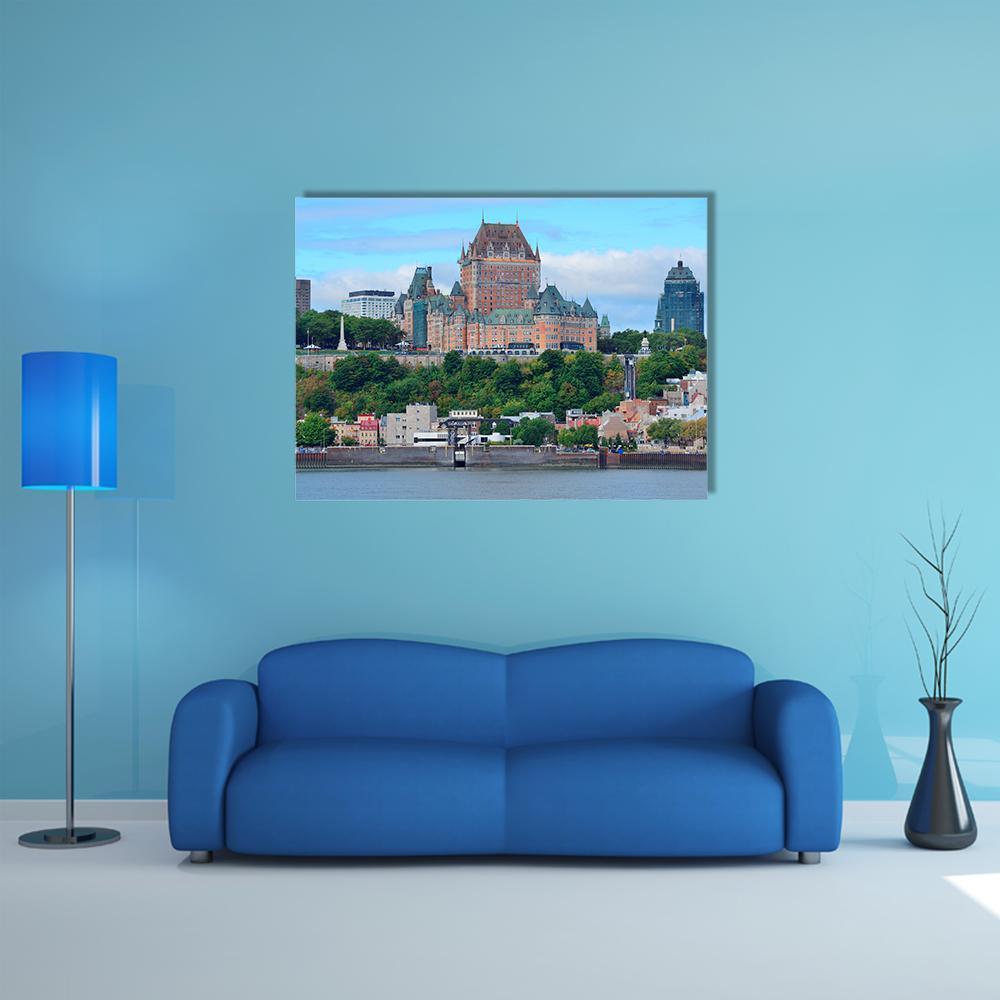 Quebec City Riverfront with Château Frontenac Canvas Wall Art in brown, green and blue, single panel hung on a wall