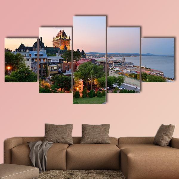 Quebec City Skyline With Chateau Frontenac At Sunset Canvas Wall Art-5 Star-Gallery Wrap-62" x 32"-Tiaracle