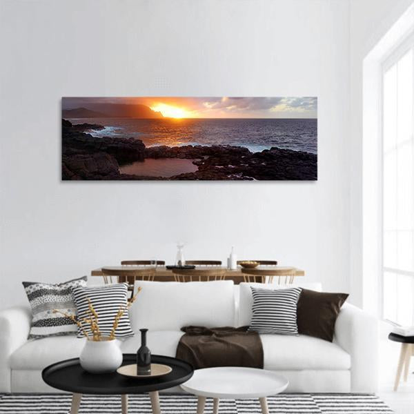 Queen's Bath On Sunset On Island Of Kauai Panoramic Canvas Wall Art-3 Piece-25" x 08"-Tiaracle