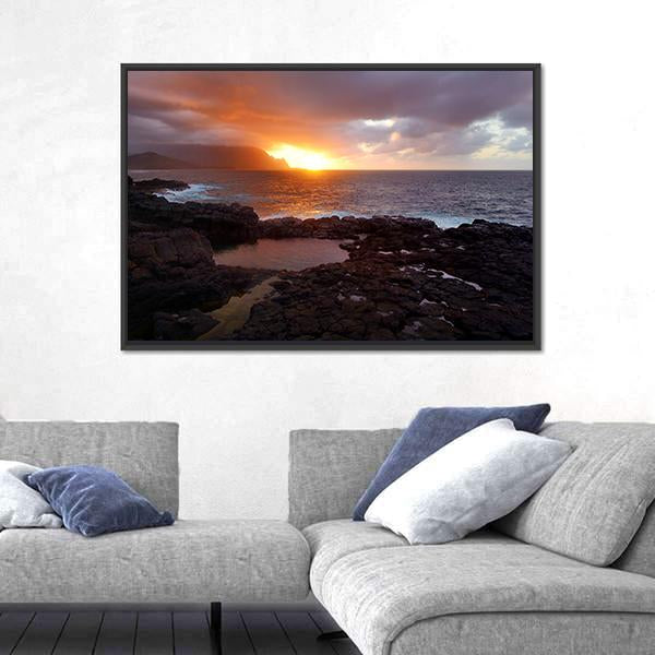 Queen's Bath On Sunset On Island Of Kauai Panoramic Canvas Wall Art-1 Piece-36" x 12"-Tiaracle