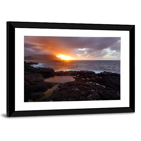 Queen's Bath On Sunset On Island Of Kauai Panoramic Canvas Wall Art-1 Piece-36" x 12"-Tiaracle
