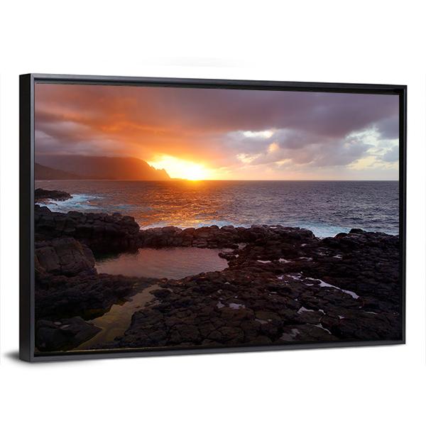 Queen's Bath On Sunset On Island Of Kauai Panoramic Canvas Wall Art-1 Piece-36" x 12"-Tiaracle