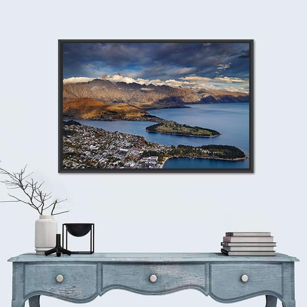 Queenstown And Wakatipu Lake With Mountains Canvas Wall Art-1 Piece-Floating Frame-24" x 16"-Tiaracle