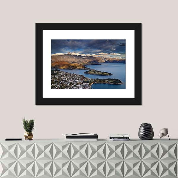 Queenstown And Wakatipu Lake With Mountains Canvas Wall Art-1 Piece-Framed Print-20" x 16"-Tiaracle