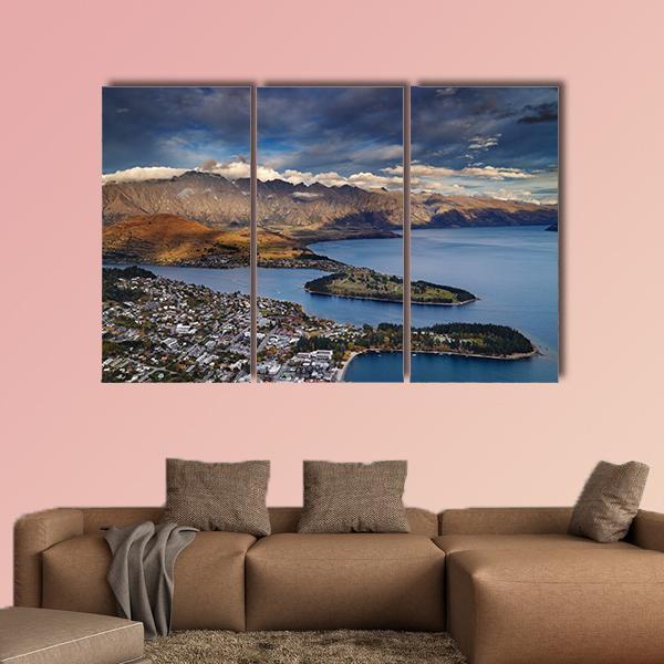 Queenstown And Wakatipu Lake With Mountains Canvas Wall Art-5 Star-Gallery Wrap-62" x 32"-Tiaracle