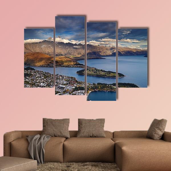 Queenstown And Wakatipu Lake With Mountains Canvas Wall Art-4 Pop-Gallery Wrap-50" x 32"-Tiaracle
