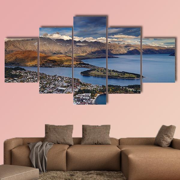 Queenstown And Wakatipu Lake With Mountains Canvas Wall Art-5 Star-Gallery Wrap-62" x 32"-Tiaracle