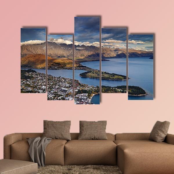 Queenstown And Wakatipu Lake With Mountains Canvas Wall Art-5 Pop-Gallery Wrap-47" x 32"-Tiaracle
