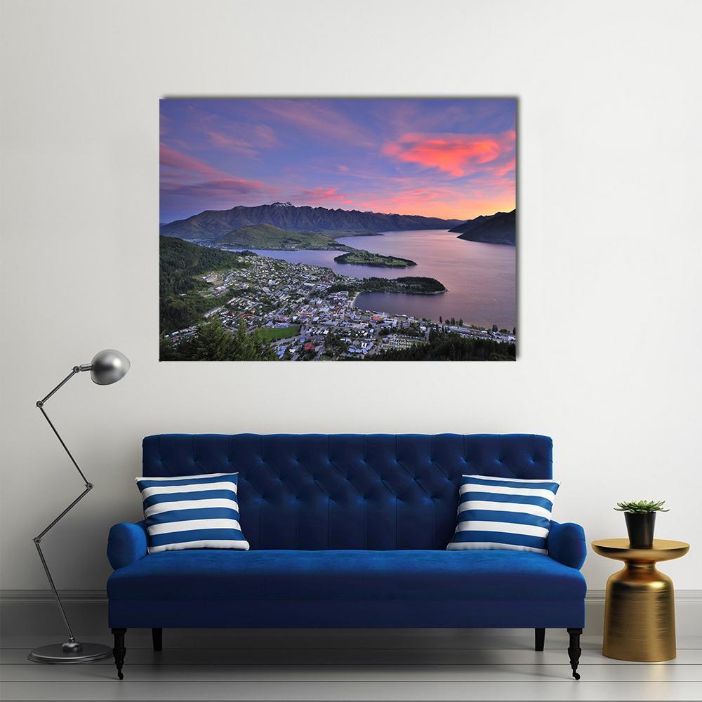Queenstown at Dusk Canvas Wall Art in blue, purple and pink, single panel hung on a wall