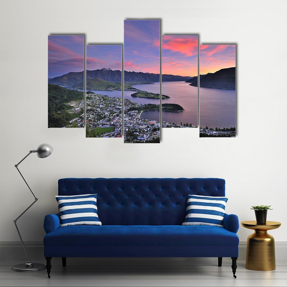 Queenstown At Dusk Canvas Wall Art-5 Pop-Gallery Wrap-47" x 32"-Tiaracle