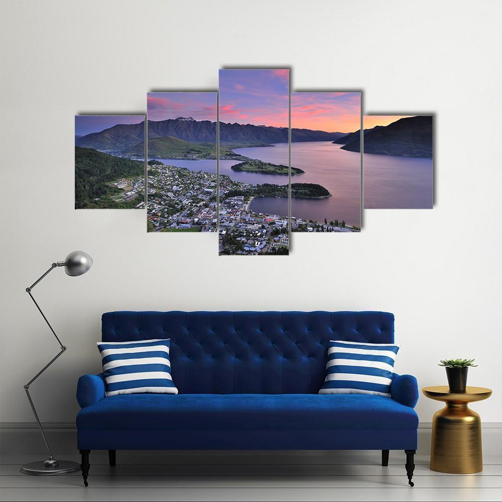 Queenstown At Dusk Canvas Wall Art-5 Star-Gallery Wrap-62" x 32"-Tiaracle