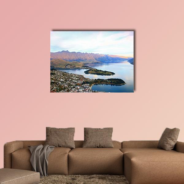 Queenstown Downtown Aerial View Canvas Wall Art in white, brown and blue, single panel hung on a wall