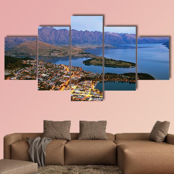 Queenstown Downtown At Dusk Canvas Wall Art-5 Star-Gallery Wrap-62" x 32"-Tiaracle