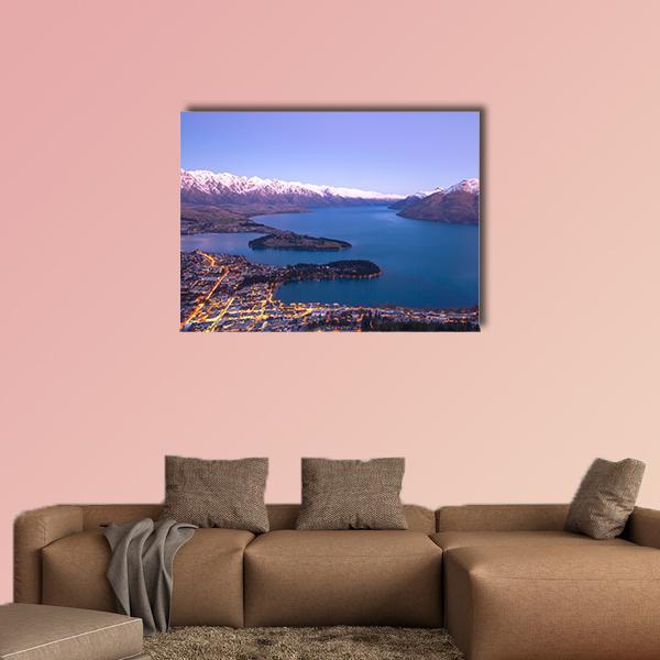Queenstown Twilight Over Lake and Mountains Canvas Wall Art in blue and purple, single panel hung on a wall