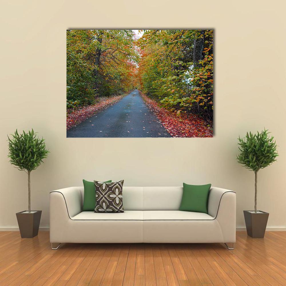 Quiet Leafy Country Lane Canvas Wall Art in gray, red and green, single panel hung on a wall