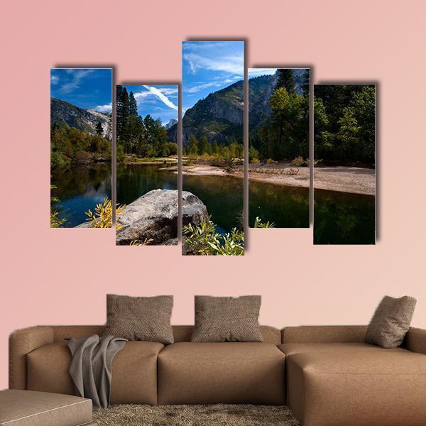 Quiet River In Yosemite Valley Canvas Wall Art-5 Pop-Gallery Wrap-47" x 32"-Tiaracle