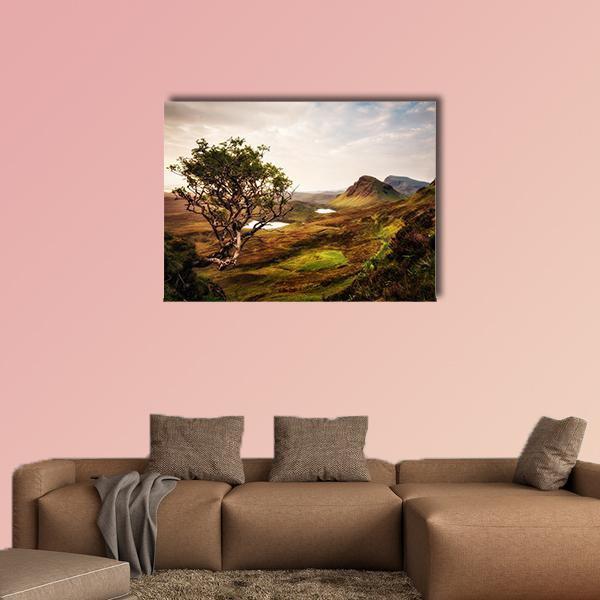 Quiraing Isle of Skye Landscape Canvas Wall Art in beige, brown and green, single panel hung on a wall